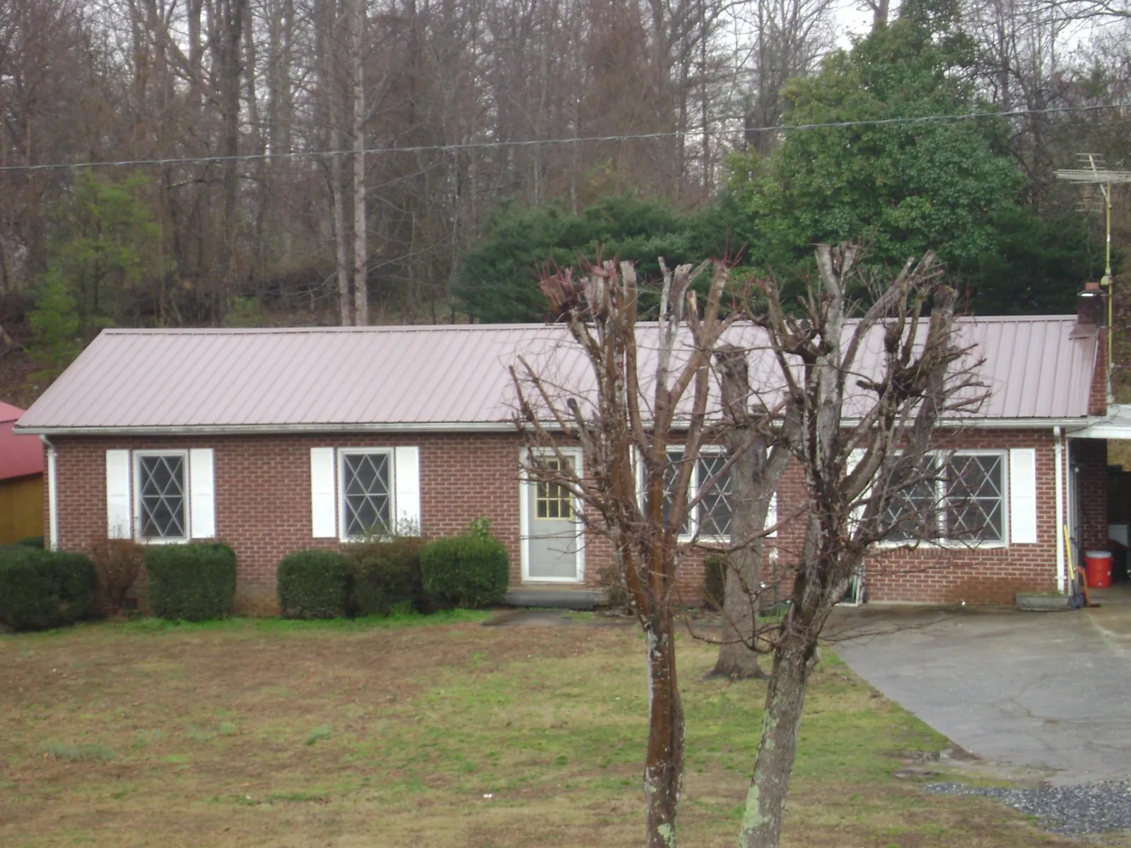 Mauve metal roof on a brick ranch home behind bare trees in Benzonia